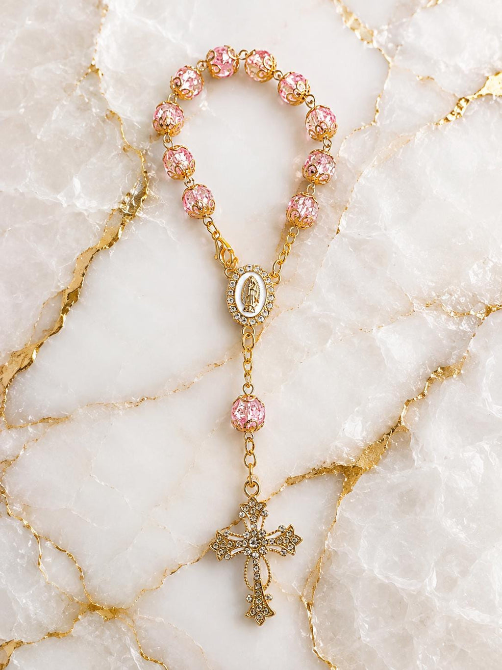 Pink Crystal Catholic Rosary Bracelet