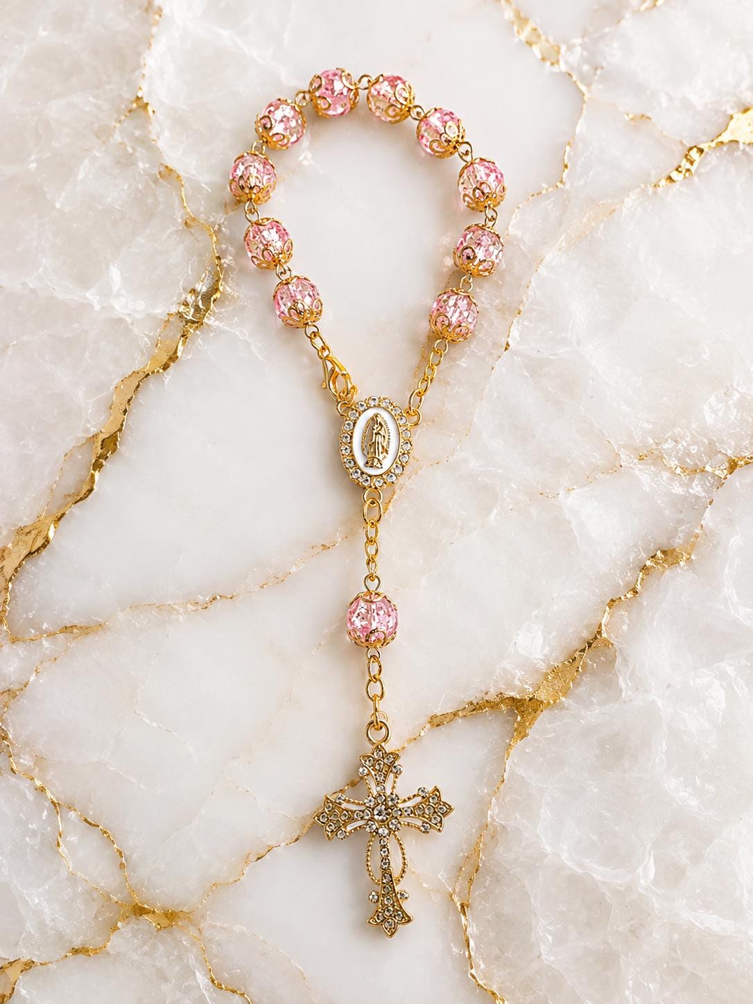Pink Crystal Catholic Rosary Bracelet