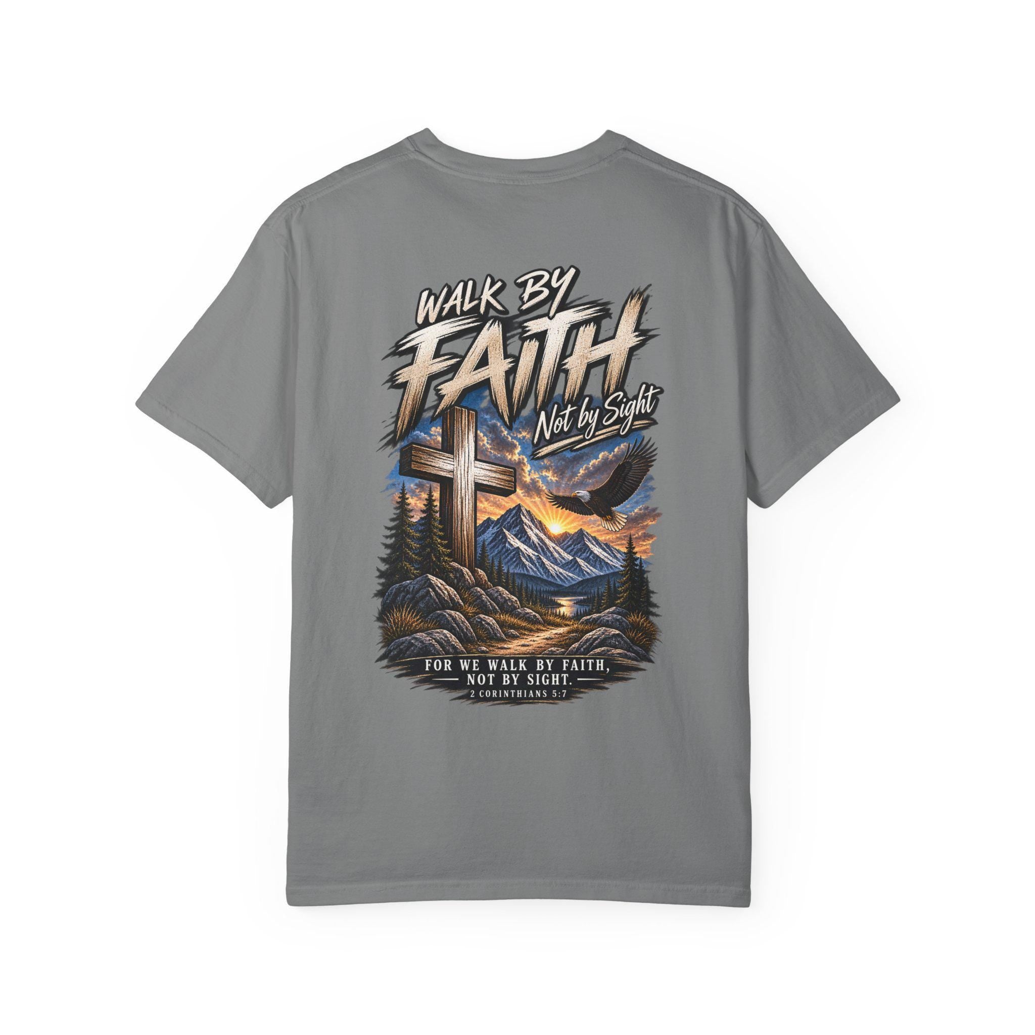 Walk By Faith cross landscape T-shirt | Christian faith scripture design