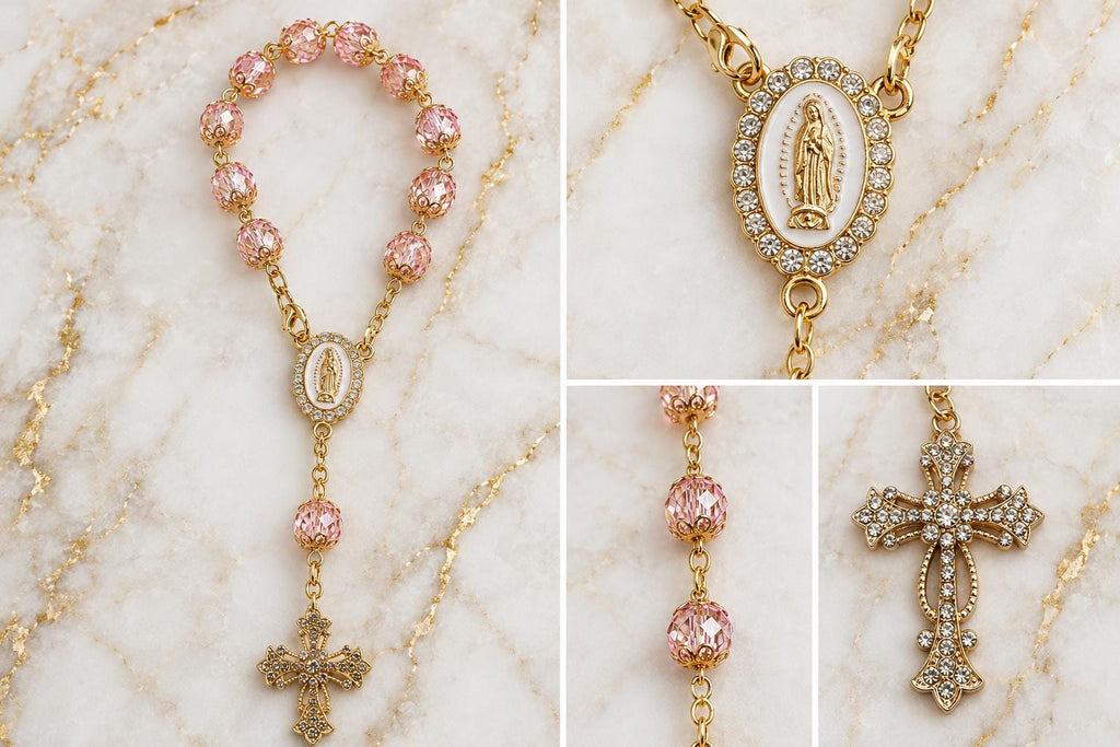 Pink Crystal Catholic Rosary Bracelet