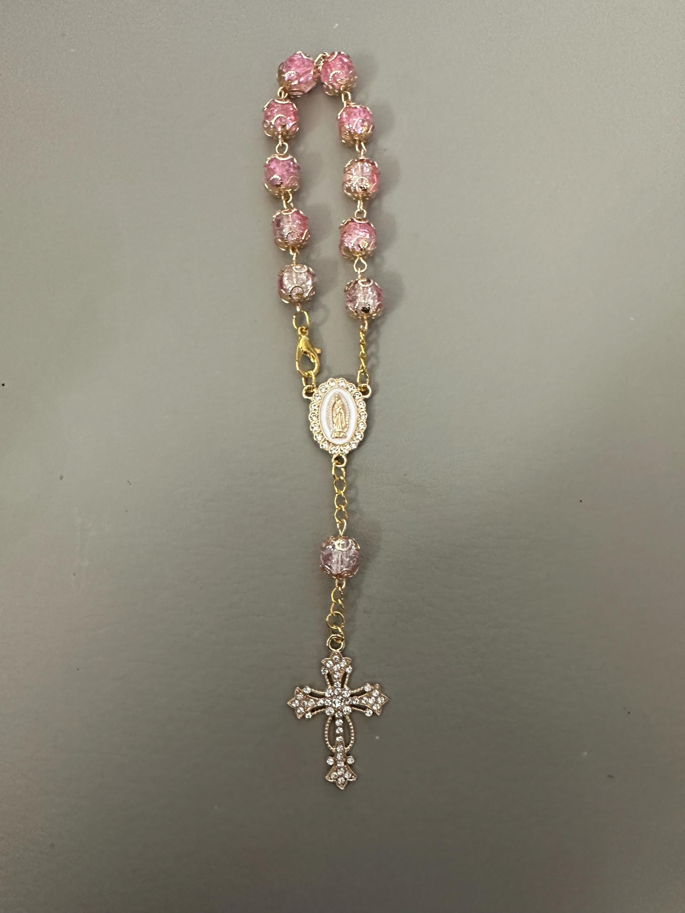 Pink Crystal Catholic Rosary Bracelet