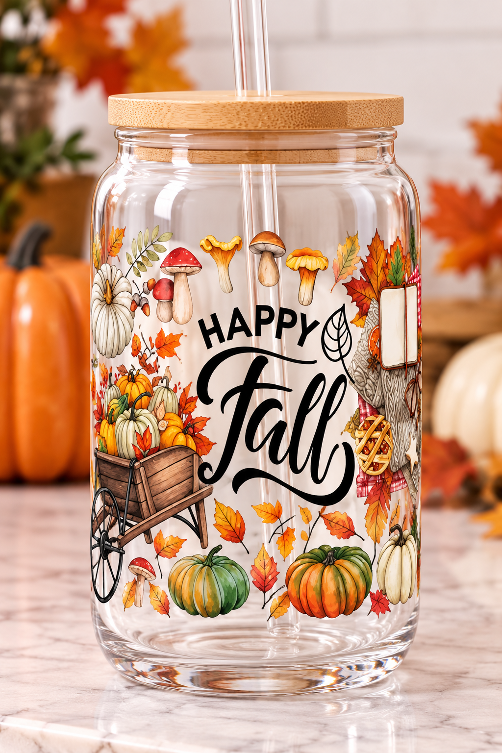 Happy Fall Glass Cup - 16 oz