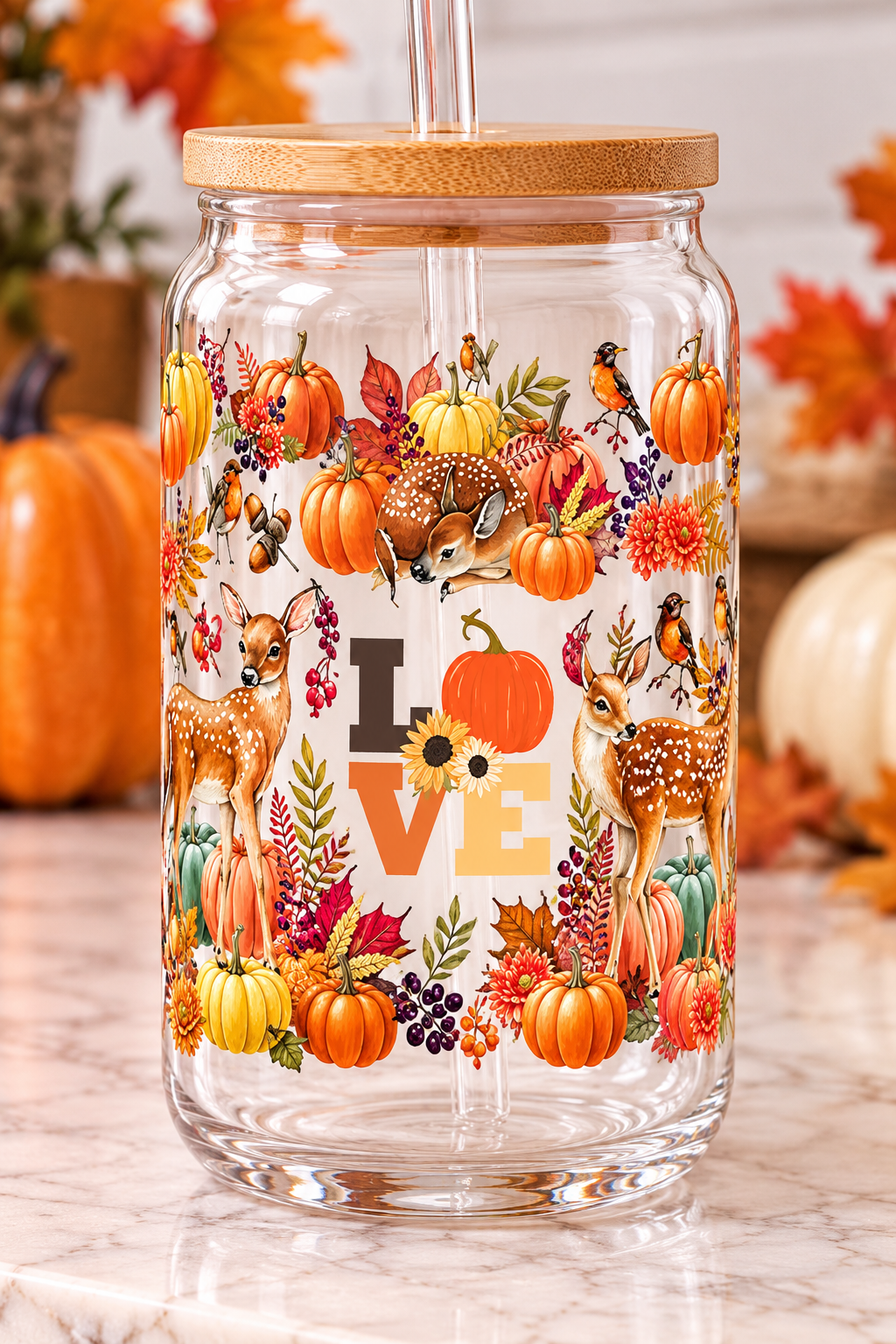 Fall Deer Love Glass Cup – 16oz