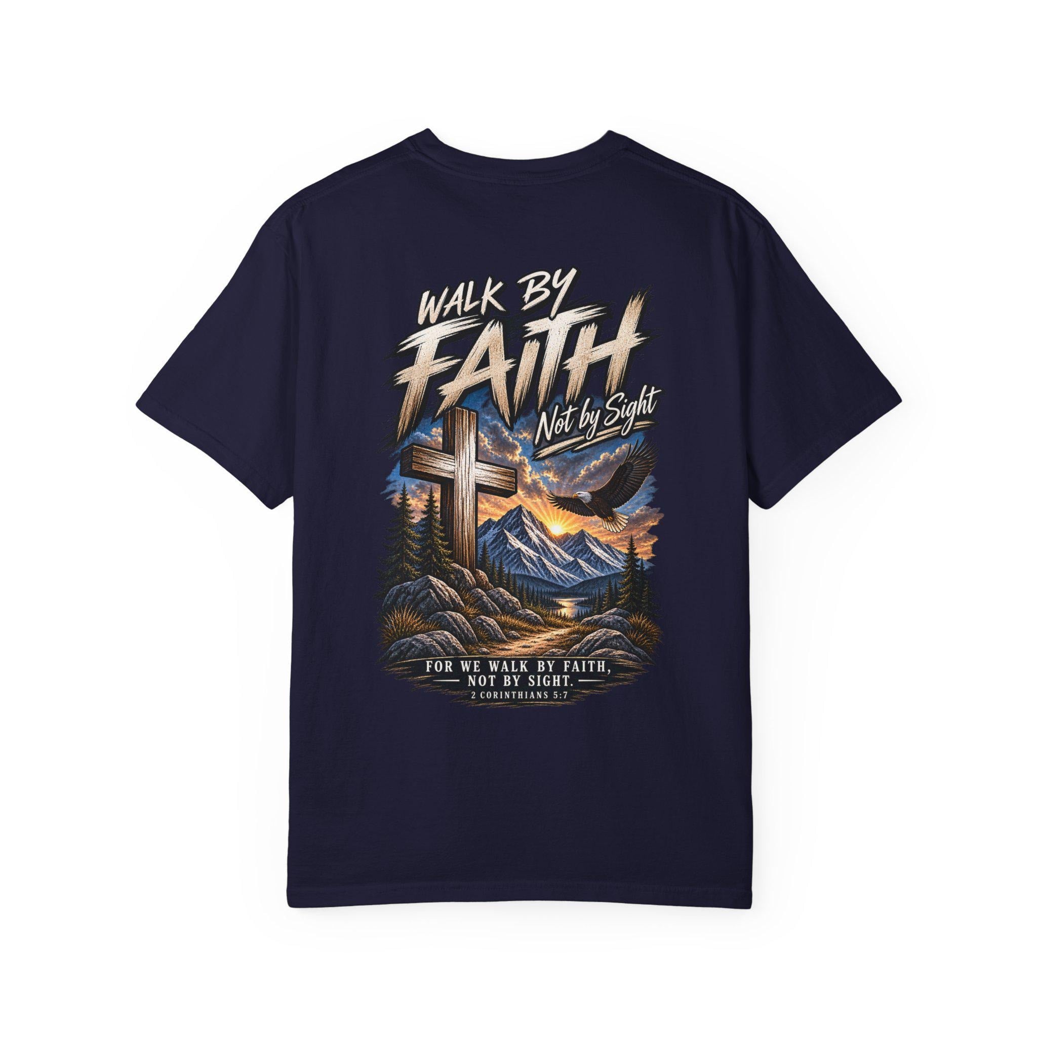 Walk By Faith cross landscape T-shirt | Christian faith scripture design