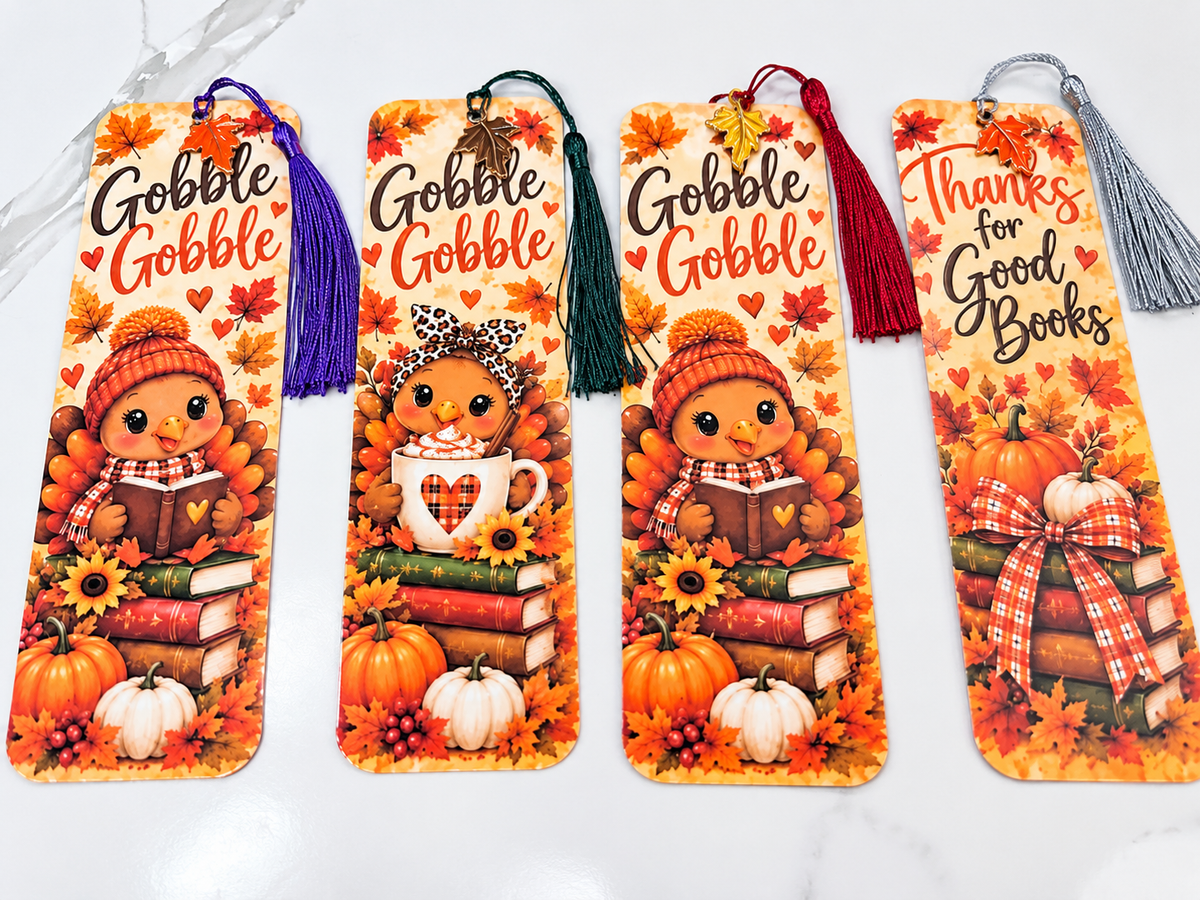 🍂📚 Thanksgiving Book Lover Bookmark Set – 4 Double-Sided Bookmarks with Tassels