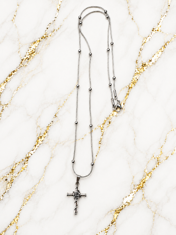 Silver Cross Necklace – 20 Inch Vintage Rose Cross Christian Pendant