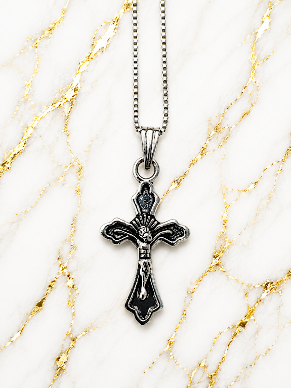 Silver & Black Cross Necklace – 22 Inch VintageChristian Pendant