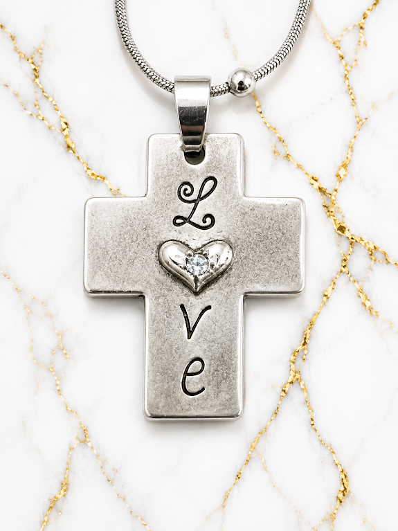 Silver Love Cross Necklace – 20 Inch Christian Faith Heart Pendant