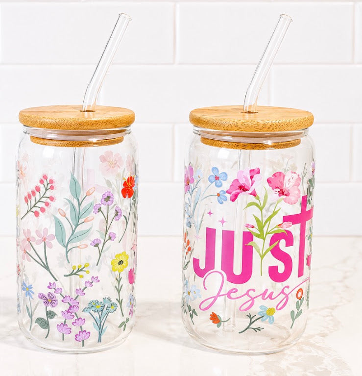 ✝️ Just Jesus Floral Glass 16 oz
