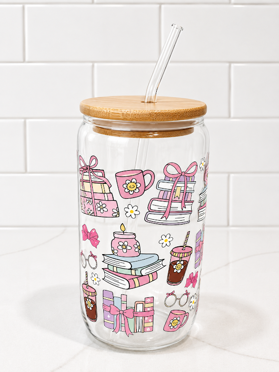 Pink Book Lover Glass Tumbler 16 oz