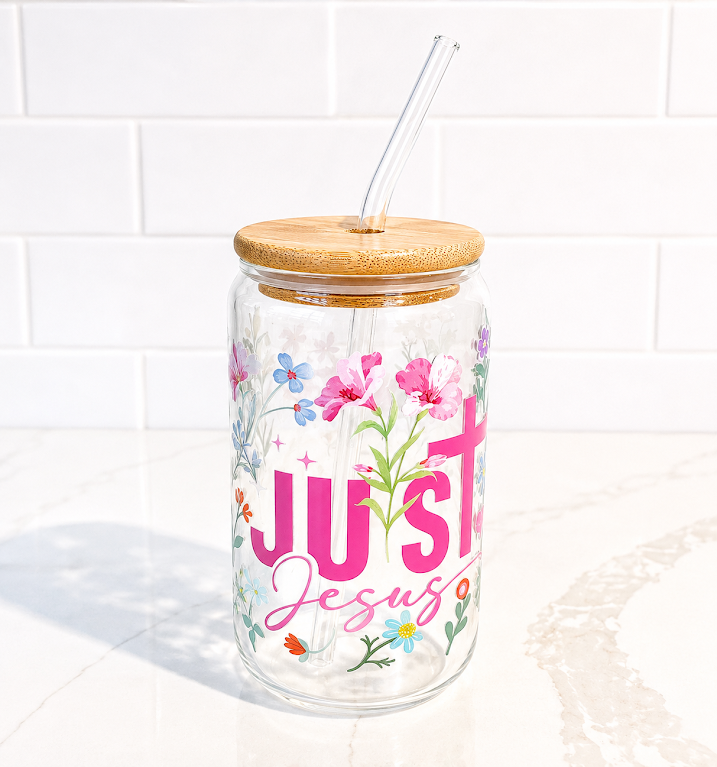 ✝️ Just Jesus Floral Glass 16 oz