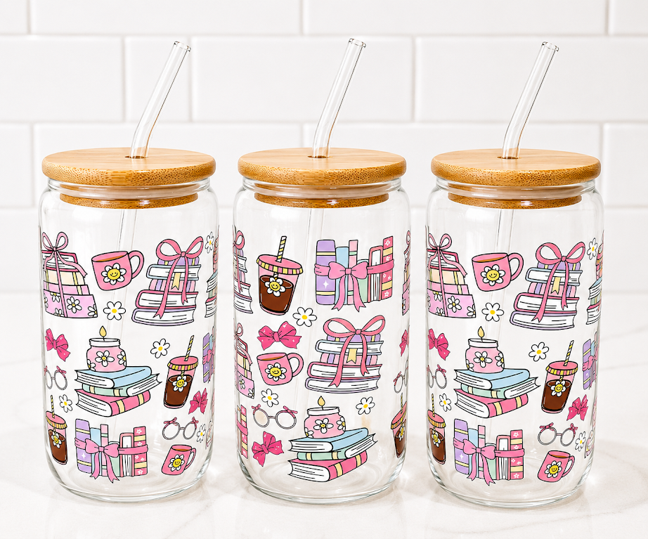 Pink Book Lover Glass Tumbler 16 oz