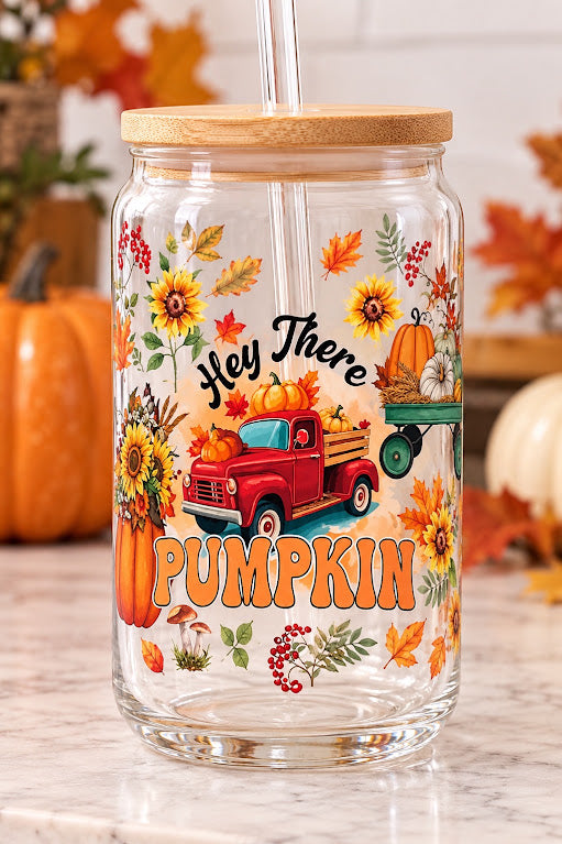 Hey There Pumpkin, Autumn Truck & Sunflower Drinkware - 16 oz