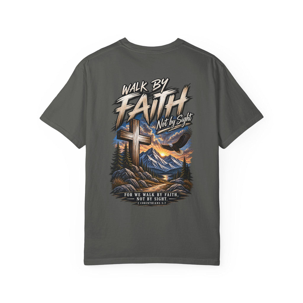 Walk By Faith cross landscape T-shirt | Christian faith scripture design