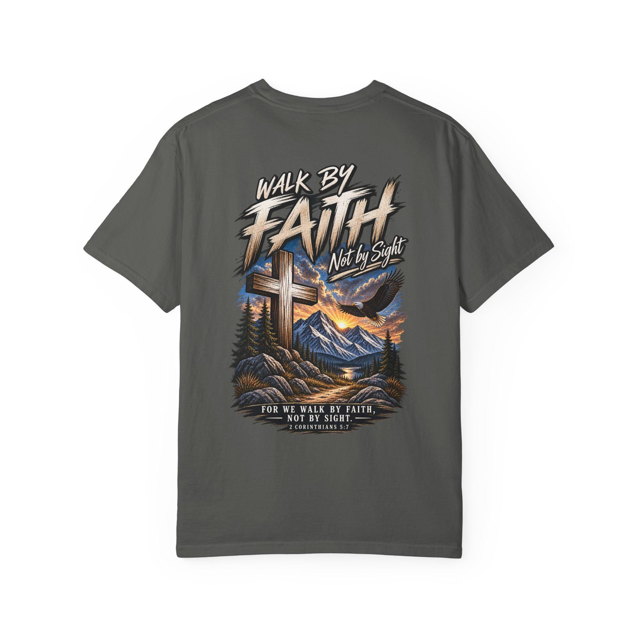 Walk By Faith cross landscape T-shirt | Christian faith scripture design
