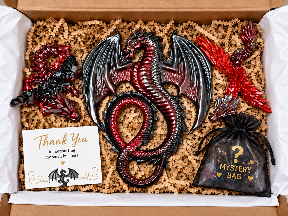 Handmade Dragon Gift Box Bundle – Red & Black Fantasy Dragon Walland Desk Art