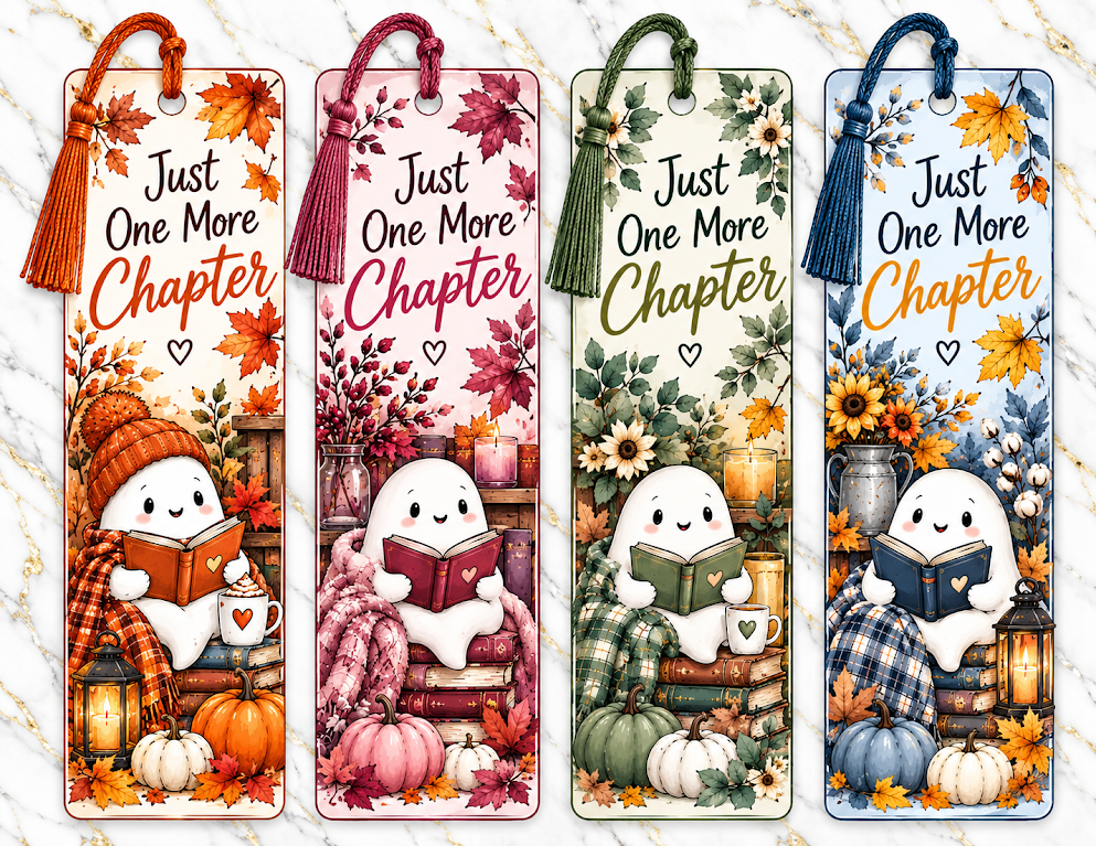 🍂📚 Cozy Fall Reading Ghosts – Handmade Bookmark – Set of 4